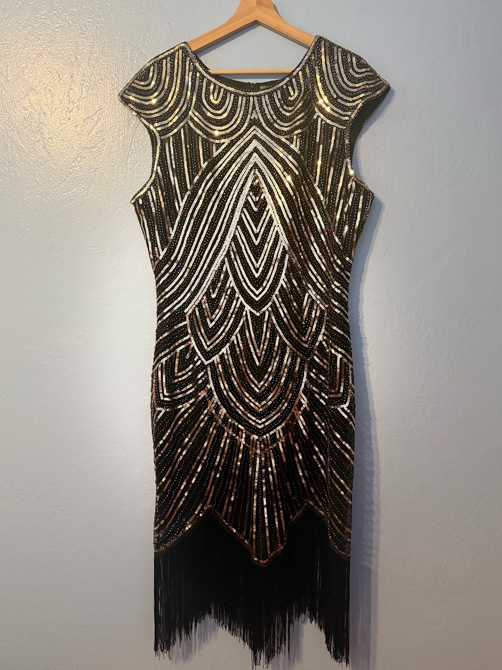 Black & Gold Sequin Midi Dress with Fringe